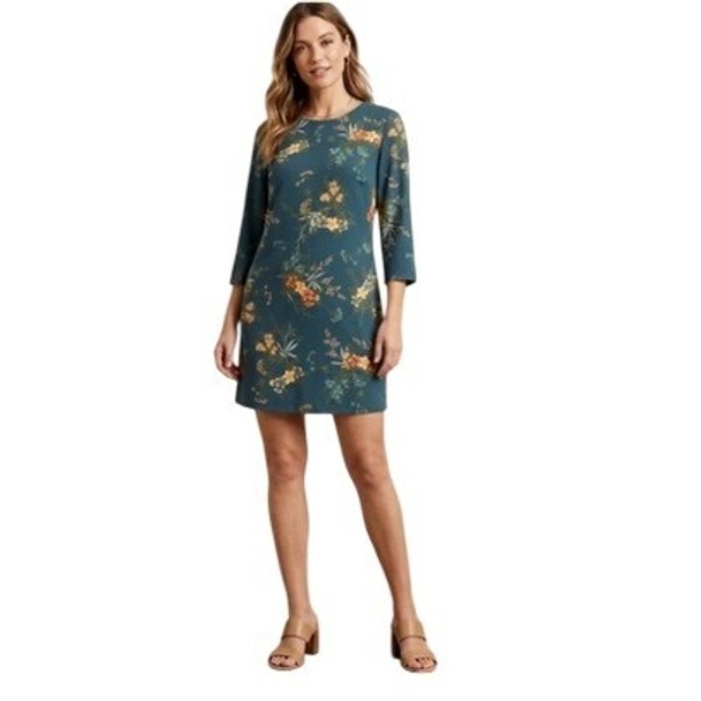 Banana Republic Womens Teal Blue Floral 3/4 Sleeve Shift Dress Size 2